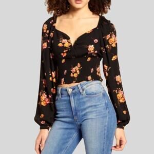 Leith Smocked Crop Black Floral Top Sweetheart Neckline Boho Peasant Size M